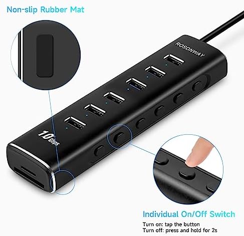 Transform Your Workspace with the Rosonway 8-Port USB 3.2 Hub – Lightning-Fast 10 Gbps Data Transfers, Dual SD/TF Card Readers, 3.3 ft Extension Cable & Robust 12 V/2 A Power Supply – Sleek Aluminum Design for Ultimate Convenience and Efficiency