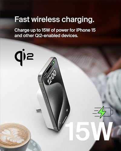 Belkin 5000 m Ah Wireless Power Bank with Qi2 Technology – Mag Safe-Compatible Portable Charger Featuring Built-in Kickstand for i Phone 16, 15, 14, 13, Plus, Pro, Pro Max – Sleek White Design for Seamless Charging on the Go – Optimal Speed & Versatile Compatibility