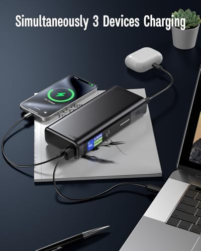 High-Power 130 W Portable Charger – 18,400 m Ah USB-C PD Power Bank with Smart Digital Display for i Phone 16/15/14/13, Samsung, Mac Book & More – Fast Multi-Device Charging Solution for Travel and Remote Work