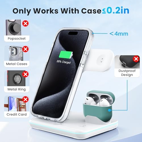 WAITIEE 3-in-1 Wireless Charging Station for i Phone, Apple Watch & Air Pods – Fast, Stylish Blue Charger with Enhanced Compatibility for i Phone 16, 15, 14, 13, 12, 11, X, 8 & Air Pods Pro – Ultimate Travel-Friendly Charging Solution with Safety Features