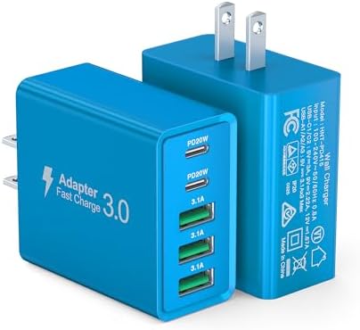 50 W Dual Type C Fast Charging Power Adapter 2-Pack – High-Performance USB-C Charger for i Phone, Samsung, i Pad, and Nintendo Switch – 5-Port Multi-Device Charger for Home and Travel – Compact, Safe, and Reliable Charging Solution