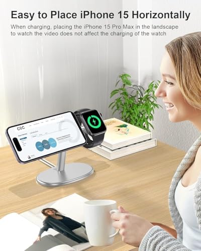 EWA 2-in-1 MagSafe Charging Stand for iPhone 16/15/14/13/12 & Apple Watch Series, SE, Ultral Ergonomic Viewing Angle, Non-Slip Base, Universal Compatibility (Chargers Not Included) – Black – Enhanced Compatibility and Speed