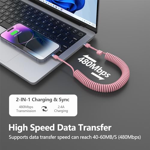 Elevate Your Charging Journey with Opluz Pink Coiled Lightning Cables – 2 Pack, MFi Certified i Phone Car Charger Cords for Fast & Efficient Charging Compatible with i Phone 14/13/12/11 Pro Max/XR/XS/X/8/7 and i Pads – Stylish, Tangle-Free Design Perfect for Car Play Integration and On-the-Go Power!