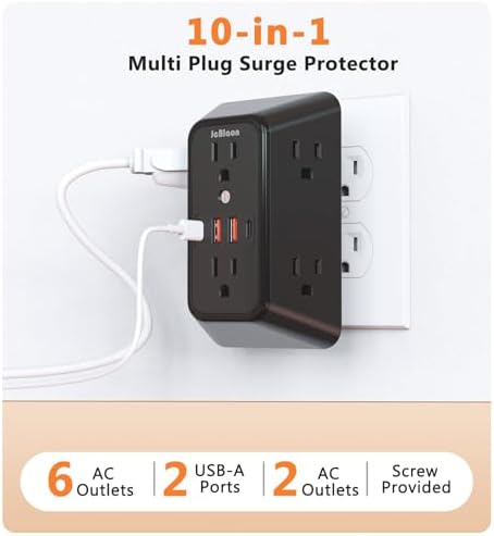 Advanced USB Wall Charger Power Strip Surge Protector with 4 USB Ports (2 USB-C) – Multi Outlet Adapter for Home, Office, and Travel, White (Black) – Unmatched Speed and Safety for Modern Devices