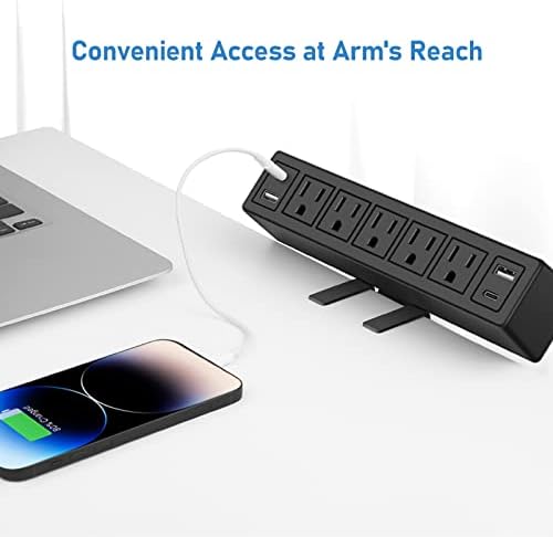 40 W Fast Charging Desk Clamp Power Strip with 4 PD20 W USB Ports and 5 Outlets – 1200 J Surge Protector for Enhanced Device Safety – Perfect for Home Offices, Workshops, and Gaming Stations – Durable Design for Easy Attachment to 1.65” Thick Tabletops