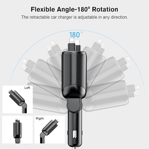 Magjieyx 62 W Retractable Car Charger: 4-in-1 Fast Charging Adapter for Ultimate On-the-Go Power – Compatible with i Phone 16/15/14/13/12 Pro Max Plus, i Pad, Air Pods, Galaxy – Quick Charge & Power Delivery Enabled for Rapid Device Charging – Tangle-Free Convenience for Commuters and Travelers