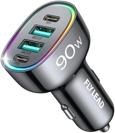 90 W 4-Port USB C Car Charger for i Phone 16/15/14/13/12 Pro Max – Fast Family Travel Charging Solution – Sleek Pink Cigarette Lighter Adapter for Multiple Devices – Ultimate On-the-Go Power for Road Trips and Adventures
