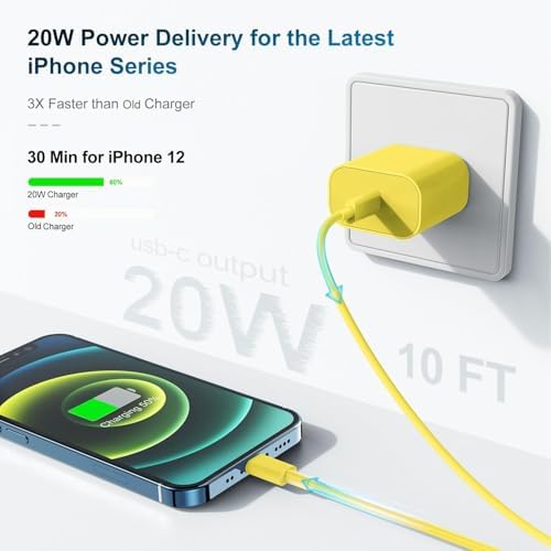 Ultra-Fast 20 W USB-C Charger with 6-Foot Lightning Cable – Convenient 3-Pack for i Phone 14/13 Pro, Ideal for Home and Travel – Superior Durability and Extended Reach for Effortless Charging Anytime
