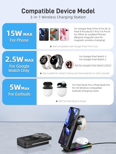 Ultimate 3-in-1 Magnetic Wireless Charging Dock for Google Pixel Devices – Compact Foldable Fast Charger for Pixel Watch 3/2, Pixel 9/Pro/Xl/8/Pro/8 a/7/Pro/7 a/6/Pro & Pixel Buds Pro 2 – Experience Rapid 15 W Power Boost with Included Adapter for Stylish Efficiency and Seamless Connectivity