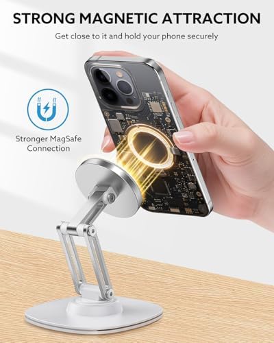 TIGRIS 360° Rotating Magnetic Phone Stand for Desk, Adjustable Foldable & Portable Aluminum Stand with Angle Adjustment Cell Phone Holder, Compatible with MagSafe iPhone 16/15/14/13/12 Pro Max – Enhanced Compatibility and Speed