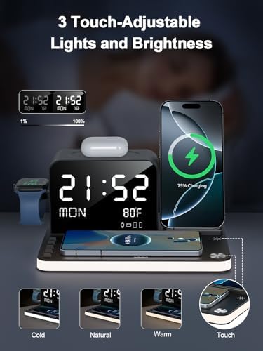 Ultimate 7-in-1 Wireless Charging Station for Apple Devices – Fast 33 W Charger with Bluetooth Time Sync, Night Light & Multi-Device Compatibility for i Phone 16/15/14/13/12 Pro Max, Android Phones, Air Pods & Apple Watch – Stylish & Efficient Power Solution