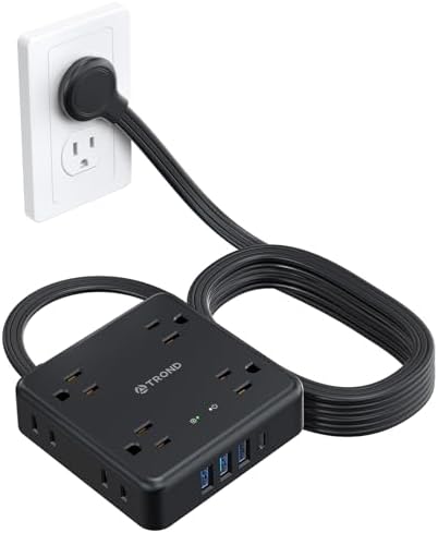 TROND 360° Rotating Plug Power Strip with 5 FT Flat Cord – 4 AC Outlets & 4 USB Ports (2 USB-C) – Wall Mount Surge Protector with 1440 Joules Safety Rating – Ultimate Travel & Home Charging Solution for Electronics and Devices