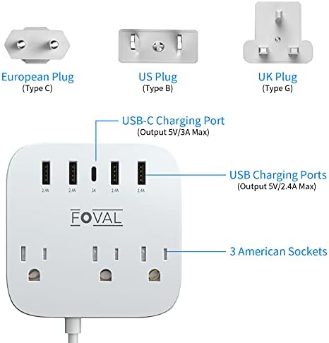 FOVAL All-in-One European Travel Plug Adapter with 4 Fast USB Ports & 3 AC Outlets – Ultimate Wall-Mount Power Strip with 5 ft Extension for Effortless Charging at Home, Office, and Travel Adventures