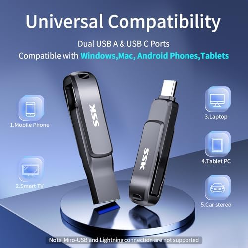 SSK 256 GB Dual USB C Flash Drive – High-Speed USB 3.2 Memory Stick with Dual USB Type-C & USB-A Ports – Sleek Black Metal Design for Effortless File Transfer Across Smartphones, Tablets, Laptops, and TVs – Unmatched Durability & Performance