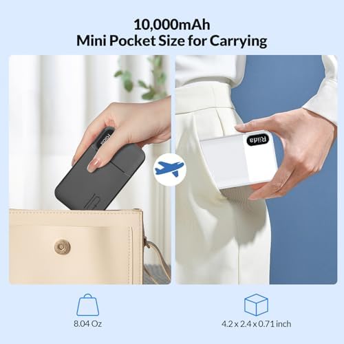 Ultimate 10,000 m Ah Portable Charger with Built-in Cables – 22.5 W Fast Charging Power Bank for i Phone 16/15/14/13, Samsung Galaxy S24/S23/S22, Google Pixel, and LG Devices – Travel-Friendly Battery Pack with AC Wall Plug for Effortless Recharging, Sleek Black Design for On-the-Go Convenience