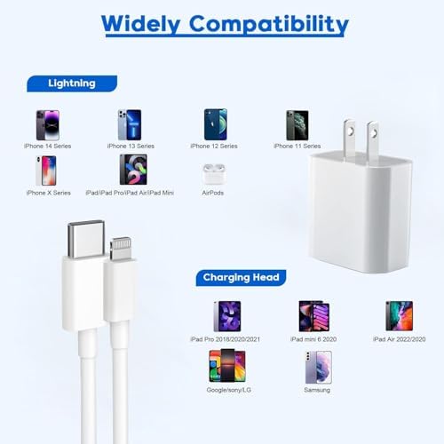 Rapid Charge Duo: 6 FT USB-C Lightning Cable & Dual Wall Charger for i Phone 14/14 Plus/13/12/11 Pro Max – Ultimate Fast Charging Solution for Apple Devices, i Pad & Air Pods – Compact & Durable Design for On-the-Go Power