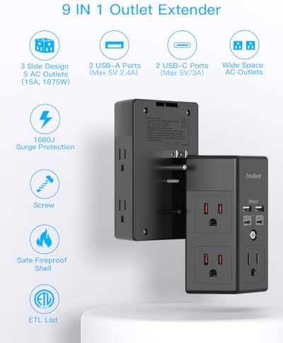 Maximize Power Efficiency with Our 5-Outlet Surge Protector and 4-Port USB Charger – Wall-Mountable Power Strip with 1680 Joules Protection for Home and Office Use, Featuring Fast USB C PD 20 W Charging for All Devices, Ideal Multi-Plug Adapter for an Organized Workspace