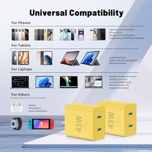 Ultimate Fast Charging Solution for i Phone 16/15 Pro Max – 45 W Dual Port USB-C Charger Block (2-Pack) with Extra Long 60 W Cables – PD Quick Adapter 3.0 for Enhanced Device Compatibility and Speed – Perfect for Home or On-the-Go Charging