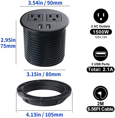 Revolutionize Your Workspace with the Desk Power Grommet USB C – 30 W PD Fast Charge Power Strip with 2 Outlets & 2 USB Ports, Effortlessly Mountable Recessed Flat Plug for Countertops, Shelves, and End Tables – Sleek Black Design for Enhanced Connectivity and Simplified Charging Solutions