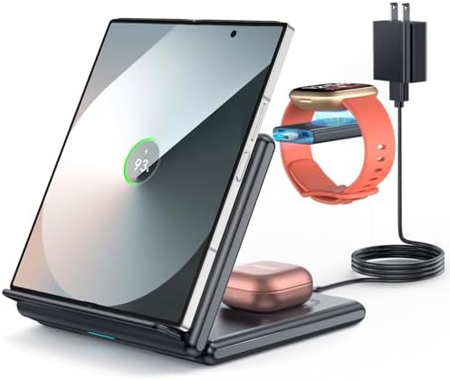GEEKERA 3-in-1 Foldable Wireless Charging Station for Samsung – Fast Charging Dock for Galaxy Z Flip/Fold 6-3, S24-S20 Ultra Plus, Watch 6-3 Active & Buds 2 Pro/Live – Compact, Non-Slip Design for Home, Office & Travel