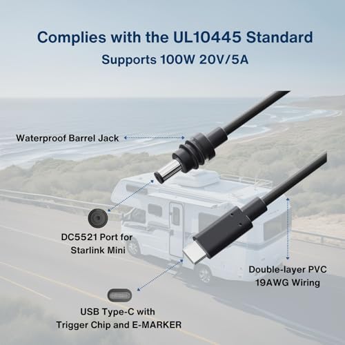 DC to USB-C Power Cable for Starlink Mini 2M/6.5FT, Support PD 100W 20V/5A Input, 19AWG Cord & Waterproof Barrel Jack, Compatible with USB-C PD Power Bank Charger Power Supply – Enhanced Compatibility and Speed