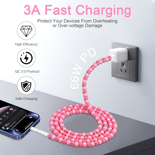 Coolden 66 W Fast Charging Cable for i Phone & i Pad – 2 M Stylish Pink USB-C to Lightning Beaded Charger – Durable, Efficient, and Compatible with i Phone 14/13/12/11 Pro Max, XR, XS, i Pad Pro/Air/Mini – Perfect for Everyday Use and Travel