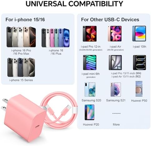 Sleek Pink 20 W Fast Charging Wall Charger with Dual 6/10 Ft USB-C Cables – Ultimate Power Solution for i Phone 16/15 & i Pad Pro – Compact, Durable, and Stylish for Effortless Portability and Versatile Device Compatibility