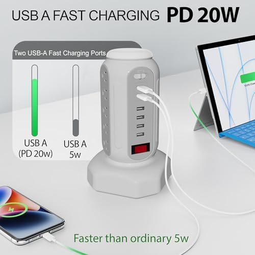 Maximize Your Power Potential with the 15-Outlet Surge Protector Tower Featuring 6 Fast-Charging USB Ports and LED Night Light – Retractable Heavy-Duty Extension Cord with Right Flat Plug for Effortless Accessibility and Enhanced Device Compatibility – Ideal Charging Station for Home and Office Use