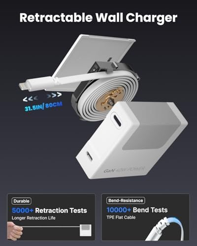 Revolutionary 40 W Fast Charging Portable USB Phone Charger Block with Retractable 31.5-inch Lightning Cable – Compact Wall Adapter with USB-C Port and Foldable Plug for i Phone 14/13/12, Perfect for Travel and Everyday Use
