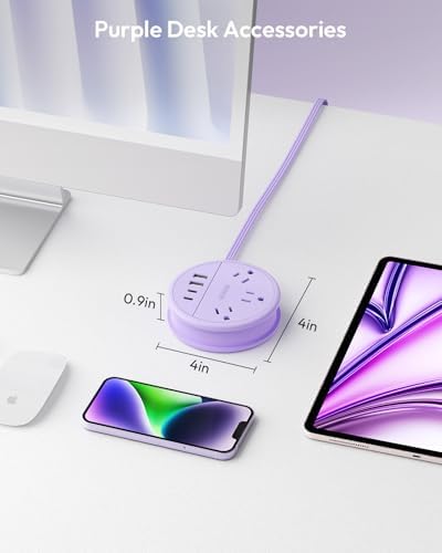 Stylish NTONPOWER Purple Extension Cord with 3 AC Outlets & 4 USB Ports (2 USB-C) – 4 FT Flat Power Strip for Kawaii Dorm & Office Decor – Compact, Versatile Charging Station for Modern Workspaces