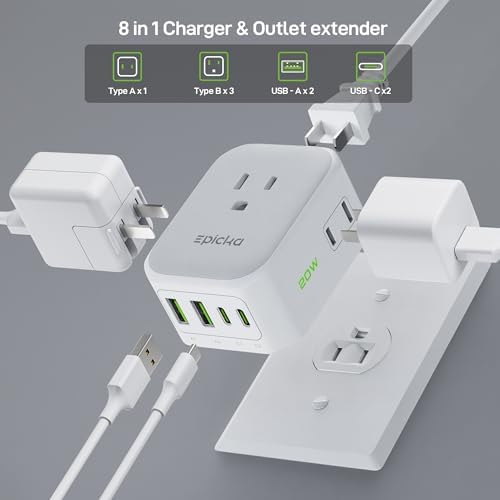 EPICKA 8-Outlet Hybrid Wall Charger with 4 USB Ports – 20 W USB-C Fast Charging Adapter for Travel and Home – Compact, Lightweight, and Foldable Multi-Plug Extender for Ultimate Portability and Device Compatibility