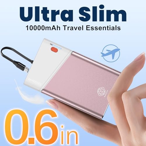 Sleek 5000 m Ah Pink Portable Power Bank with Integrated USB-C Fast Charger – Ultra-Compact Mini Battery Pack for i Phone 16/15/14 & Samsung S24 – Lightweight Design with Handy Lanyard for Effortless Travel Charging