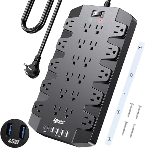 SUPERDANNY 22-Outlet Surge Protector Power Strip with 6.5 Ft Cord, 2 USB-C & 4 USB Ports – High-Capacity 1875 W/15 A with 2100 J Surge Protection for Home, Office, and Dorm Use – Wall Mount Design for Space-Saving Convenience