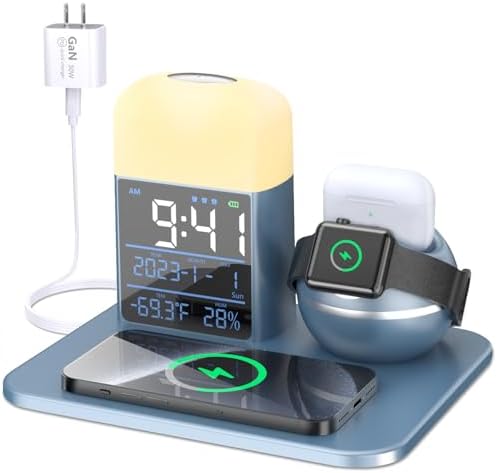 Ultimate 9-in-1 Wireless Charging Station with Integrated Alarm Clock and Night Light – Fast Qi-Certified Docking Solution for Apple Devices with 30 W Ga N Charger and USB Port – Stylish Blue Design for Clutter-Free Bedside Charging