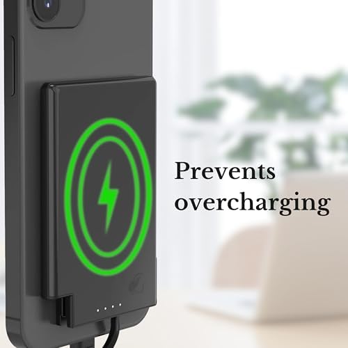 Magnetic Ultra Slim 5000 m Ah Power Bank with Integrated Lightning Connector – Effortless Charging for i Phone 14 & Earlier Models, TSA Compliant, Lightweight and Portable Travel Companion for Uninterrupted Power On-the-Go