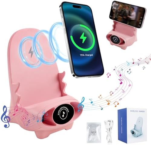 Compact 3-in-1 Wireless Fast Charger & Phone Stand with Built-in Speaker – Stylish Mini Chair Design in Pink for Efficient Charging and Enhanced Audio Experience – Perfect Portable Accessory for Home or Office Use