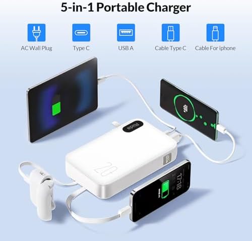 High-Capacity 20000 m Ah Portable Charger with Built-in Cables & Fast 22.5 W Charging – Multi-Device Travel Power Bank with LED Display, 4 Outputs for i Phone 16/15/14/13, Samsung, Android, i Pad – Ultimate Convenience in Sleek Black