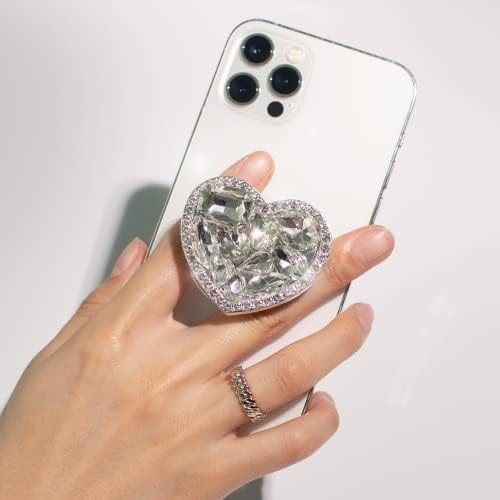 Elegant Heart-Shaped Diamond Phone Grip and Stand – Chic Collapsible Mobile Accessory for Secure Handling and Stylish Functionality (Silver Small)
