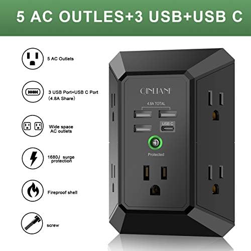 QINLIANF 5-Outlet USB Wall Charger with Surge Protection – 4 USB Ports (4.8 A Total) Power Strip Extender, 3-Sided Design for Easy Access, 1680 J Surge Defense, Compact Multi-Plug Adapter for Home, Travel, and Office Use – Elevate Your Charging Experience with Versatile Compatibility and Safety