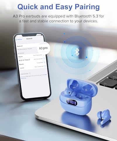 Sleek Rose Gold Wireless Earbuds with Bluetooth 5.3 | 42-Hour Long Battery Life & IPX7 Waterproof Design | Premium Noise Cancelling Earphones for Exceptional Audio | Intelligent LED Display for Seamless Connectivity on i OS & Android
