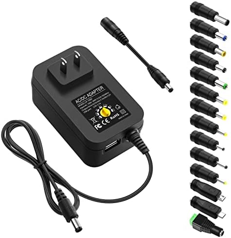 Ultimate 30 W Universal Power Adapter: Adjustable Voltage AC Adapter with 14 Interchangeable Tips and Built-in USB Port for Fast Charging – Perfect for LED Lights, CCTV Cameras, Guitar Pedals, GPS Devices, and More – 2.5 A Max Output with 4.9 FT Cord for Flexible Use and Convenience