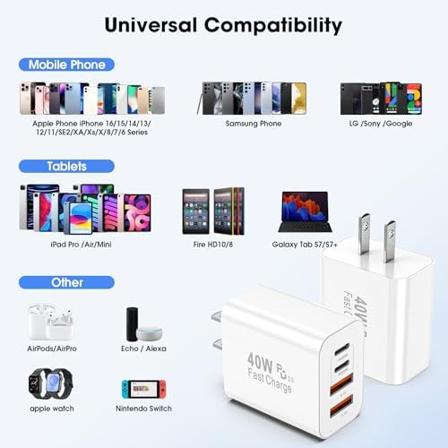 40 W USB C Charger Block – 2 Pack 4-Port Fast Charging Adapter for i Phone & Samsung Devices – PD 3.0 & QC 4.0 Dual Quick Charge Technology – Multi-Device Compatibility in Sleek Black Design – Safe, Efficient Charging Solution for Home & Travel