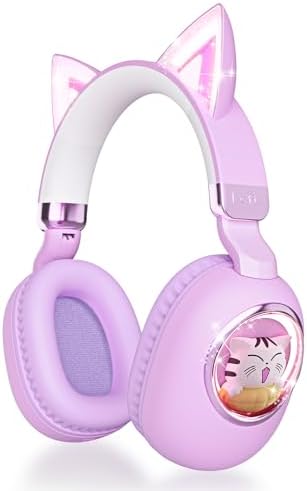 Bluetooth Cat Ear Kids Headphones – Wireless & Wired Over-Ear Noise Cancelling with Microphone, LED Lights, 85 d B Volume Limit for Safe Listening – Ideal for Travel & Home Use, Ultimate Comfort & Compatibility