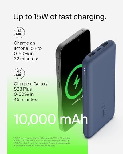 Belkin 10,000 m Ah Portable Charger – Fast Charging USB C Power Bank with Dual USB-A Ports for Multiple Devices, Includes Type-C to Type-A Cable, Compatible with i Phone 16, Samsung Galaxy S25, Nintendo Switch 2, i Pad & More – Lightweight Blue Design for Effortless Portability and Enhanced Power Delivery