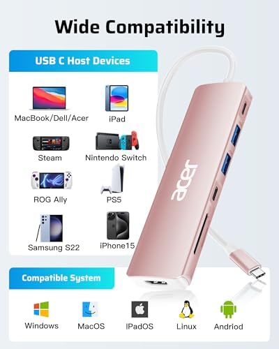 Acer 7-in-1 USB C Hub with 4 K HDMI Splitter – Ultimate Connectivity Solution for Laptops & PCs – Fast 5 Gbps Data Transfer, PD 100 W Charging & SD Card Reader – Transform Your Workspace with Enhanced Performance and Versatility