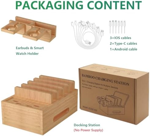 Eco-Friendly Bamboo Charging Station: Multi-Device Docking Organizer with 6 Charging Cables for Phones, Tablets, Earbuds, and Smartwatches – Sleek, Durable Design for Home & Office Efficiency