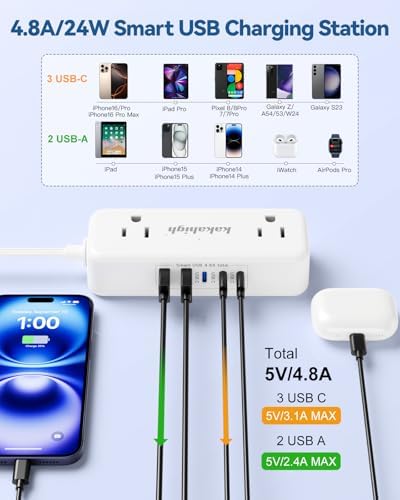 Revolutionize Your Charging Setup with the 10 FT Split Extension Cord – Featuring 4 AC Outlets, 2 USB-A & 3 USB-C Ports for Rapid 24 W Charging, Perfect Nightstand Solution for Shared Spaces in Bedrooms and Dorm Rooms – Compact Design for Maximum Flexibility and Enhanced Compatibility with All Devices