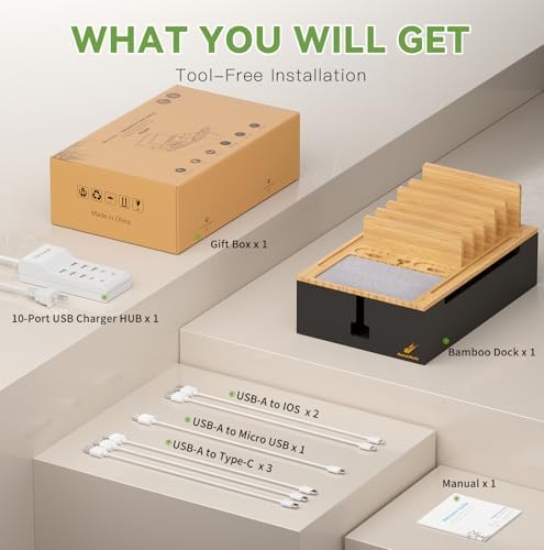 Pezin & Hulin Eco-Friendly Bamboo Charging Station – 10-Port USB Dock Organizer with 6 Cables, Enhanced Power Supply & Cable Management for Multi-Device Charging, Sleek Natural and Black Design for Homes and Offices