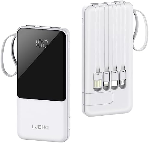 Slim 10,000 m Ah Portable Charger with Built-in Cables – High-Speed USB-C Power Bank for Travel | 5 Outputs & 3 Inputs, LED Display, Compatible with i Phone, Samsung, Pixel, LG & More – Essential Power Solution for On-the-Go Charging