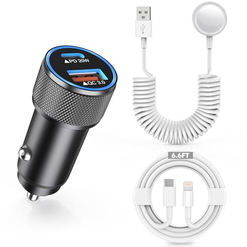38 W Dual Port Fast Car Charger for Apple Watch & i Phone – USB-C PD & QC3.0 Charging Adapter with 6 ft Lightning Cable – Power Up Your Devices on the Go with Enhanced Compatibility and Safety Features